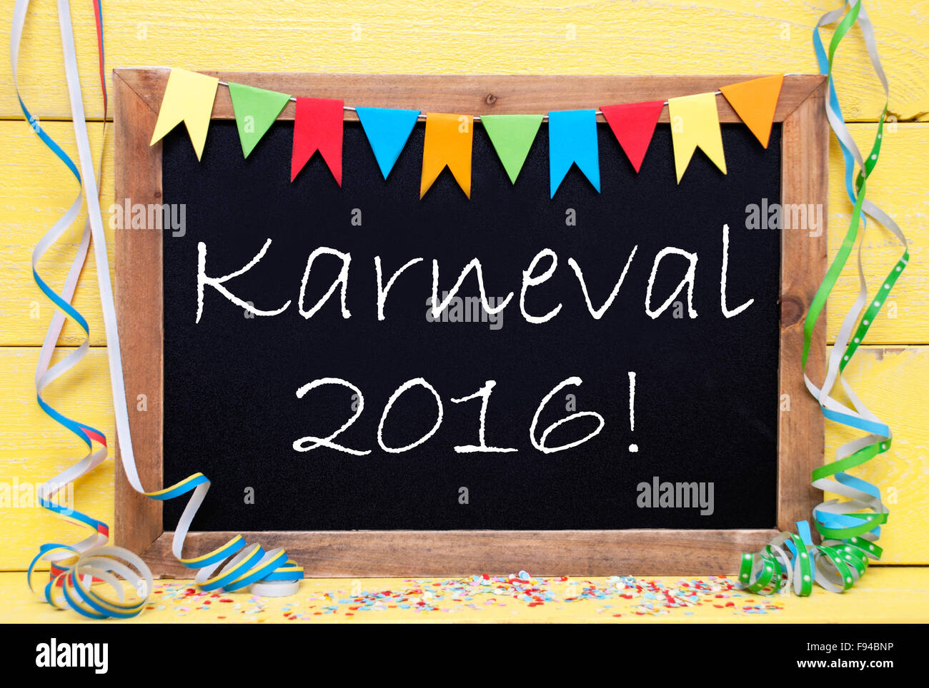 Chalkboard With Party Decoration, Text Karneval 2016 Means Carnival Stock Photo