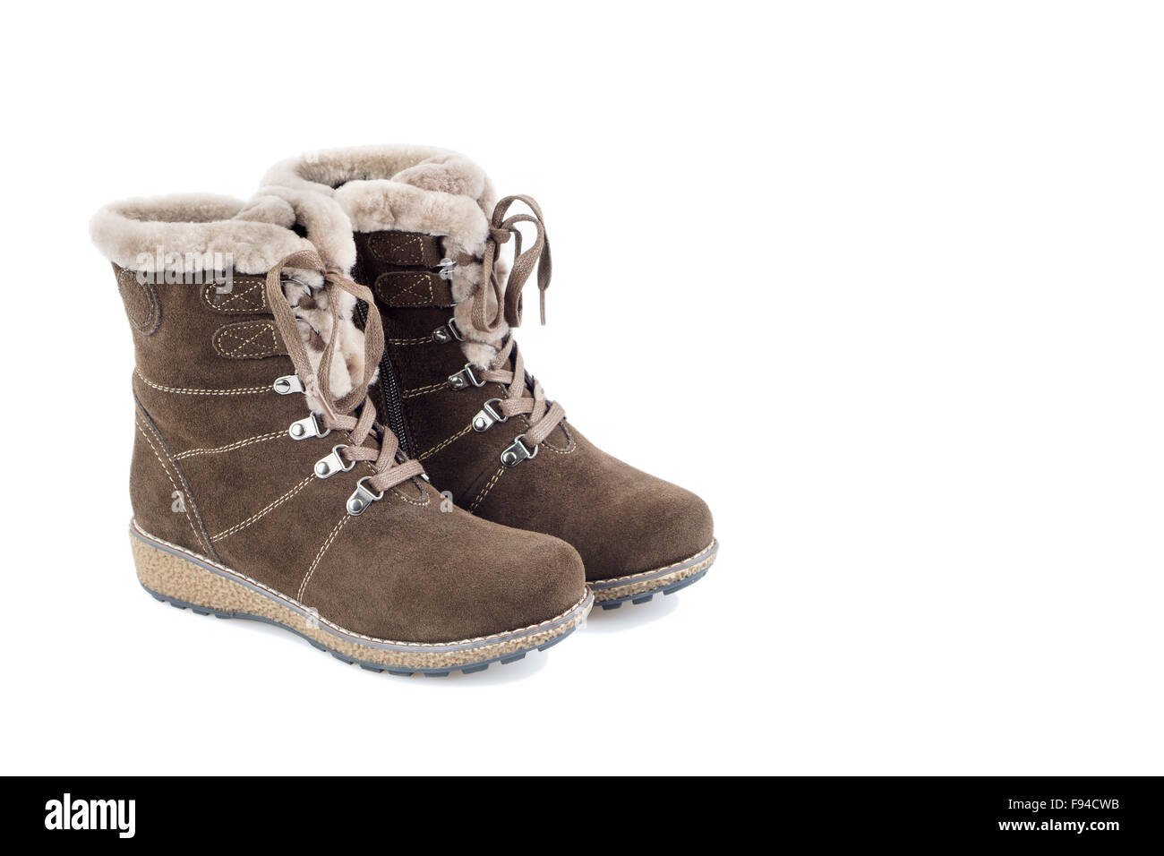 Woman's suede winter boots on white Stock Photo