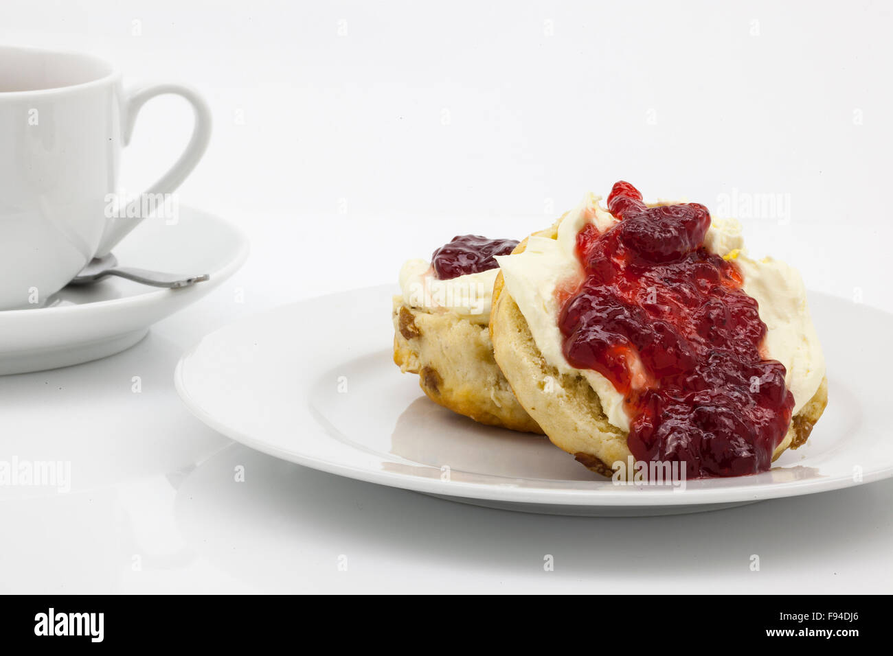 Traditional English cream tea of scones, clotted cream, strawberry jam
