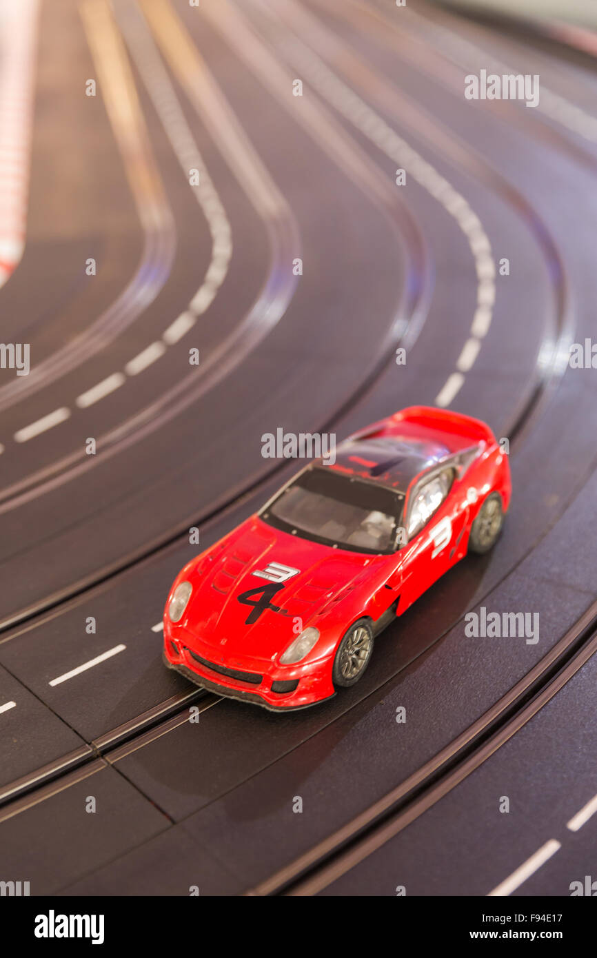 A toy race car track ready for a race Stock Photo