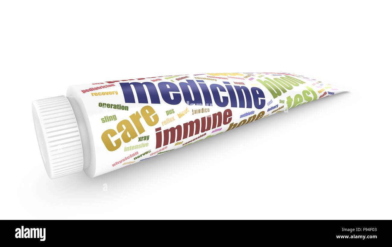 Medical tube with medical word cloud texture on white background Stock