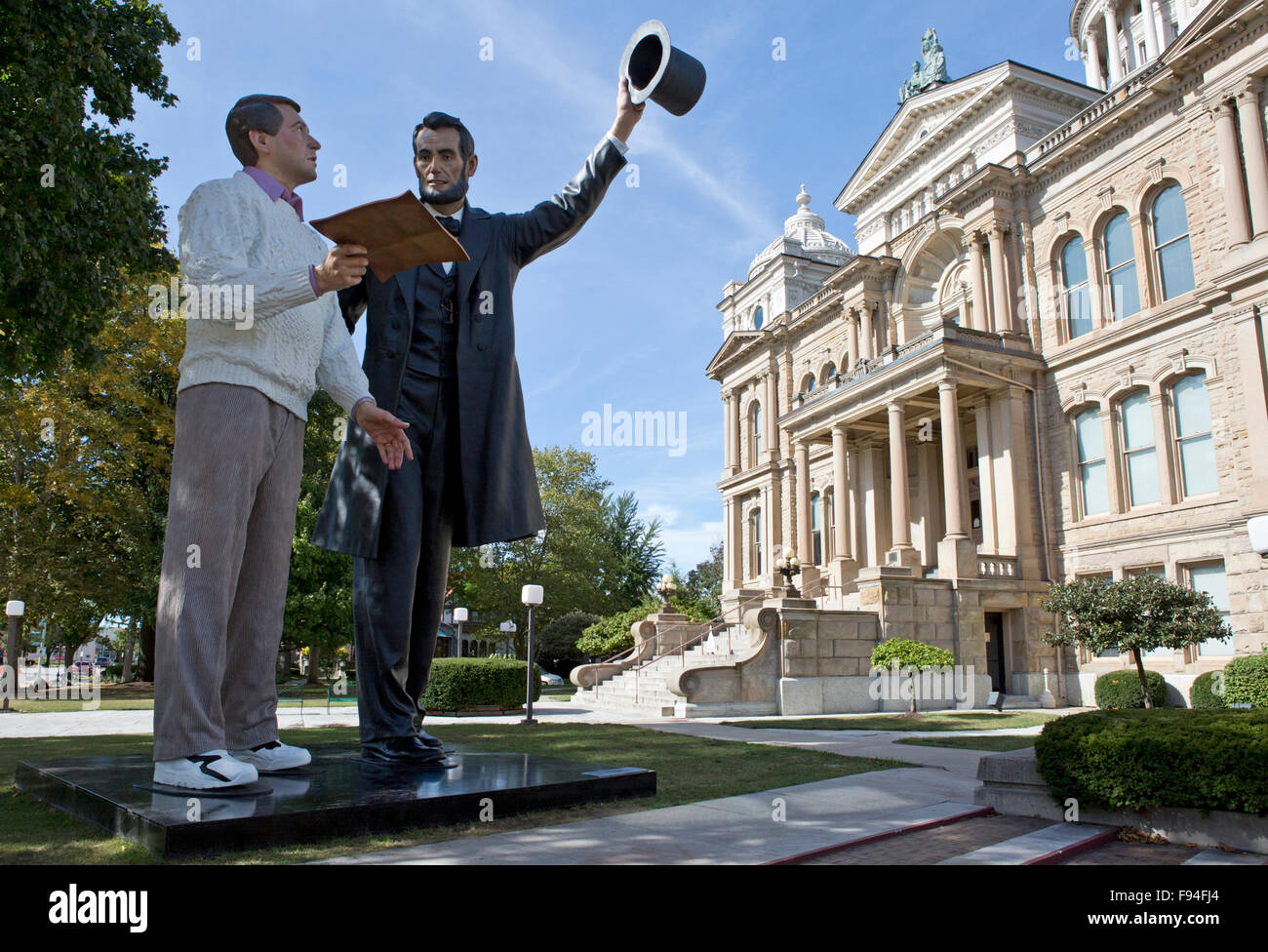 30' foot statue of Abraham Lincoln in front of city hall in downtown