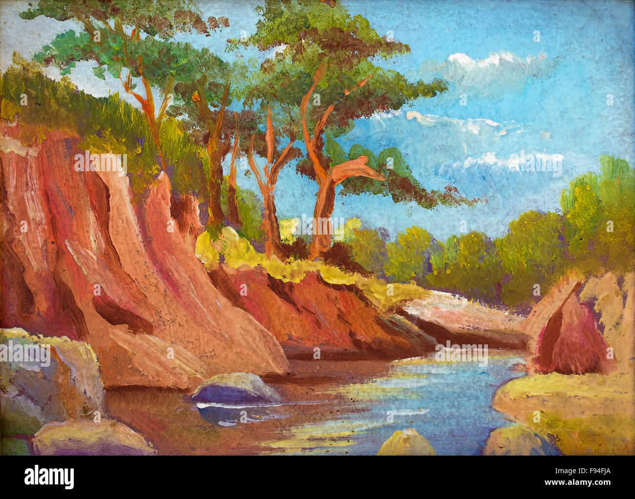 oil painting landscape - pine forest near the river Stock Photo - Alamy