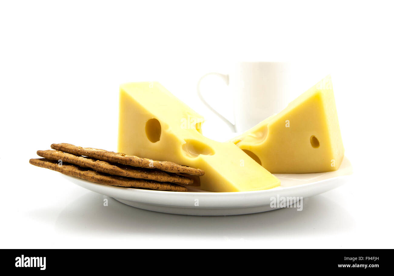 Swiss Cheese and crackers on white background Stock Photo