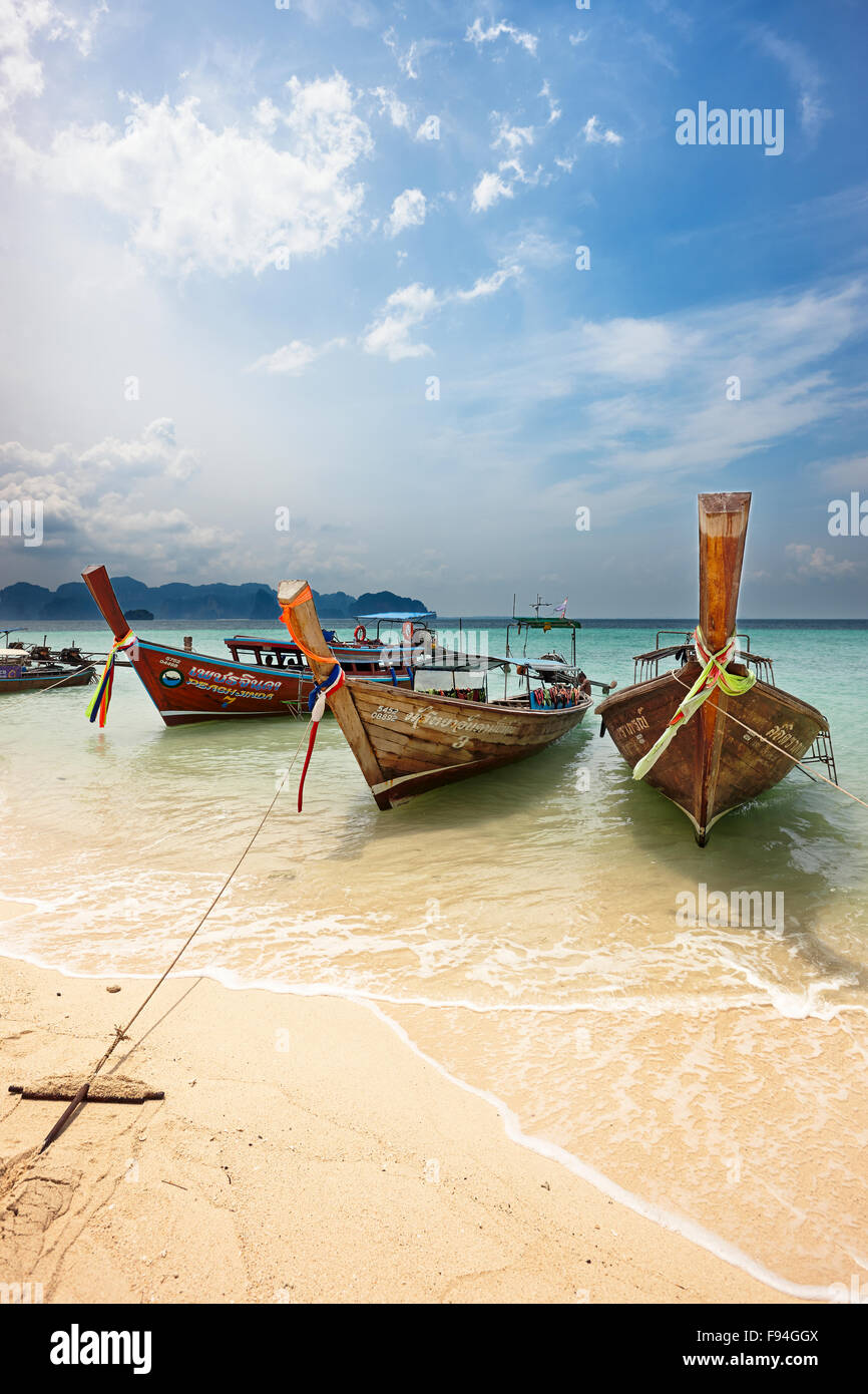 Traditional longtail boats moored at the beach on Poda Island (Koh Poda). Krabi Province, Thailand. Stock Photo