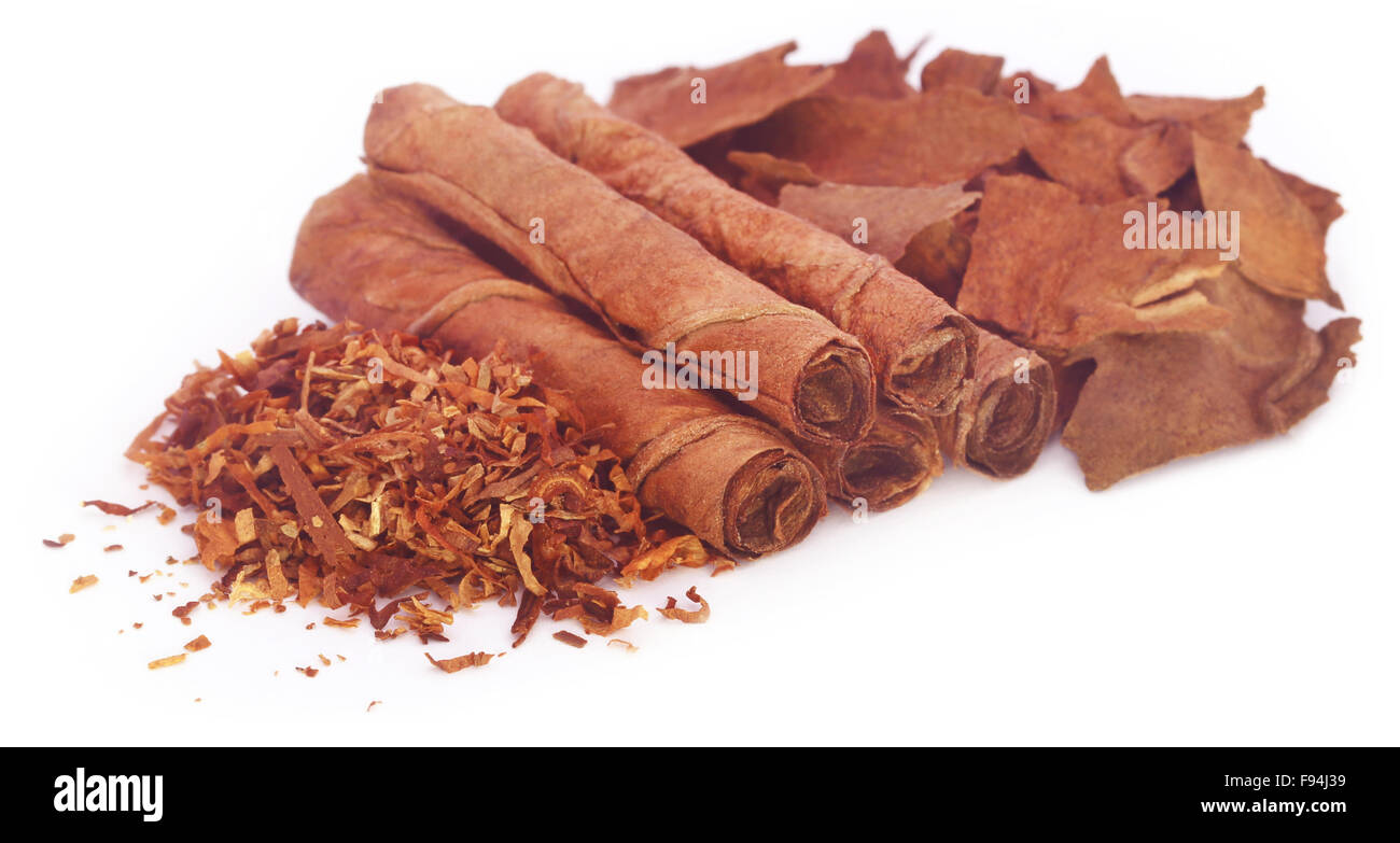 cigarettes leaves Dry tobacco leaves with hand made cigarette over white background Stock  Photo