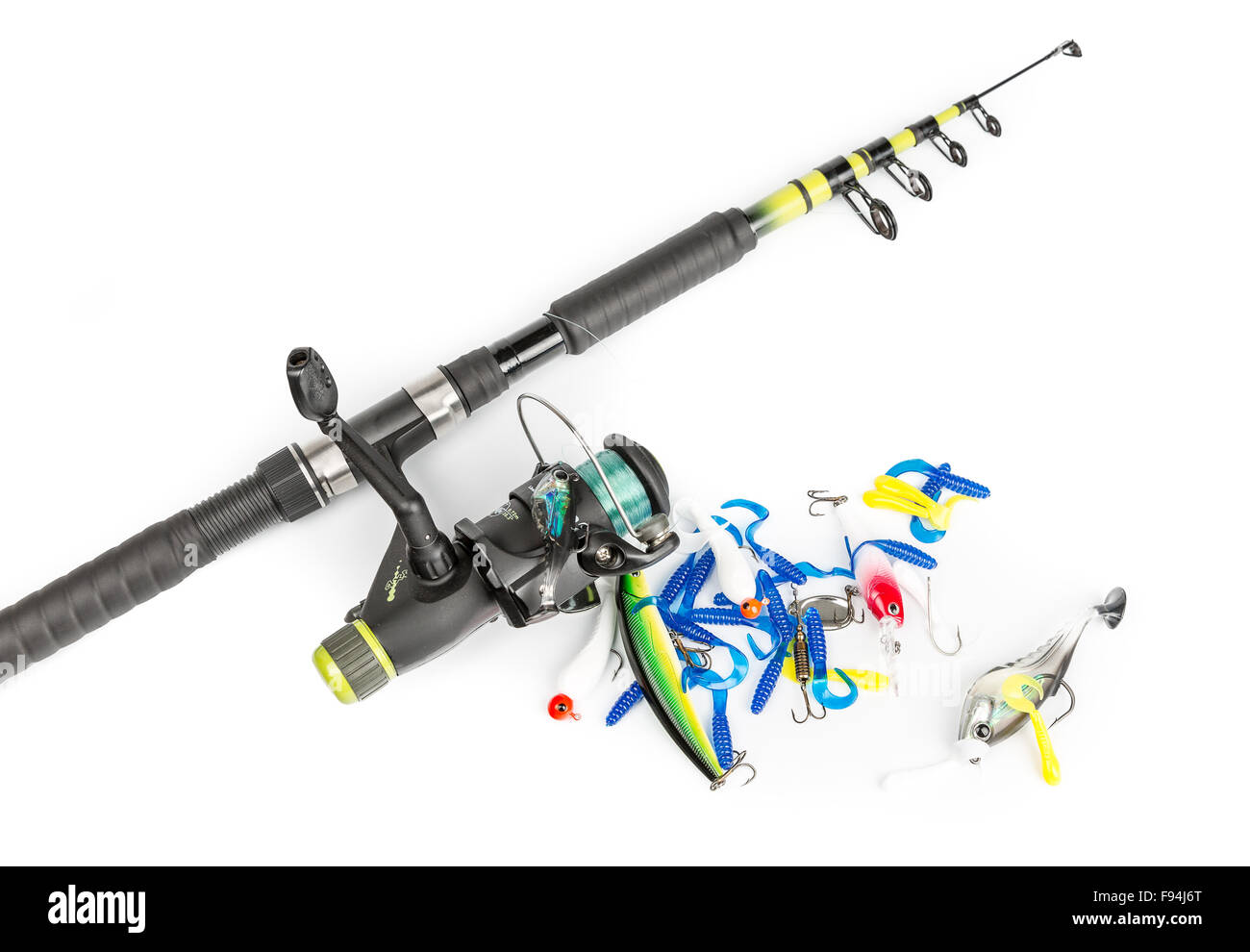 Fishing rod and baits set Stock Photo Alamy