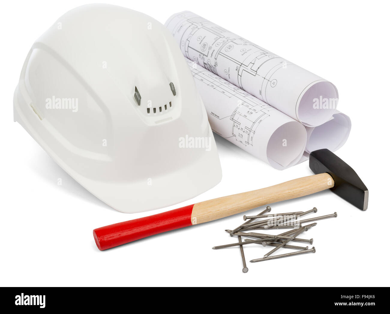 Claw hammer and rolled blueprints Stock Photo