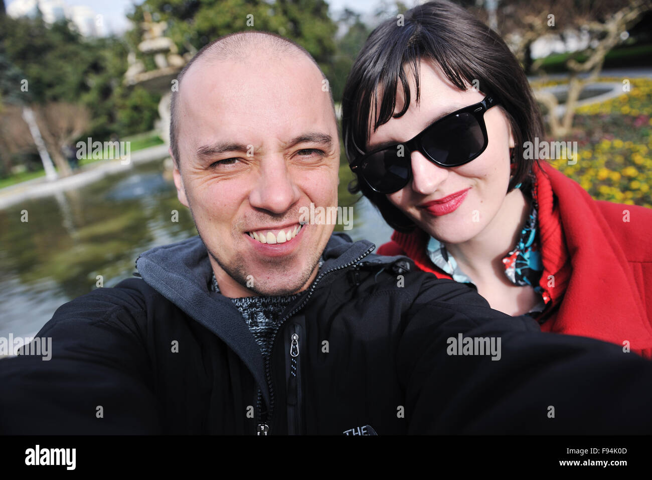 happy young couple self portrait outdoor at sunny day Stock Photo
