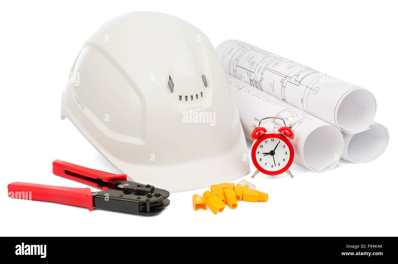 Blueprint rols and helmet with tools Stock Photo - Alamy