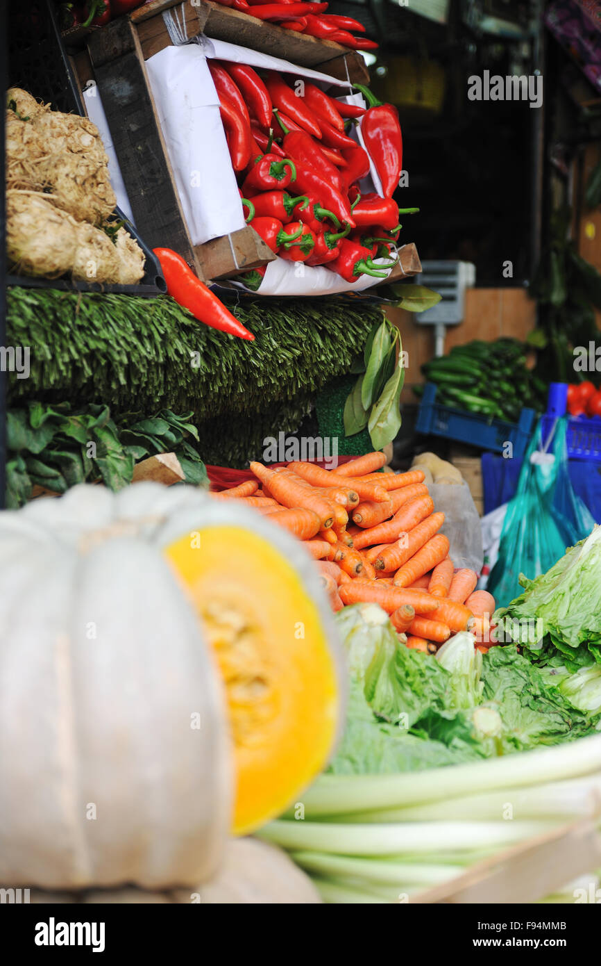 fresh healthy organic food fruits and vegetables at market Stock Photo ...