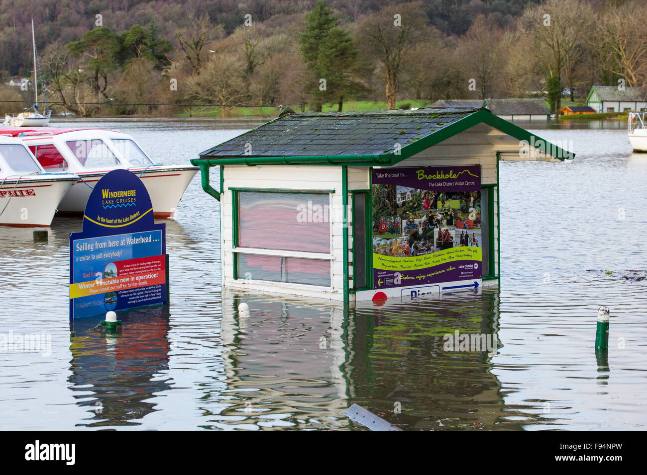 A hut used by a boat hire company in Ambleside surrounded by flood water after Lake Windermere burst its banks in Ambleside in the Lake District on Sunday 6th December 2015, after torrential rain from storm Desmond. Stock Photo
