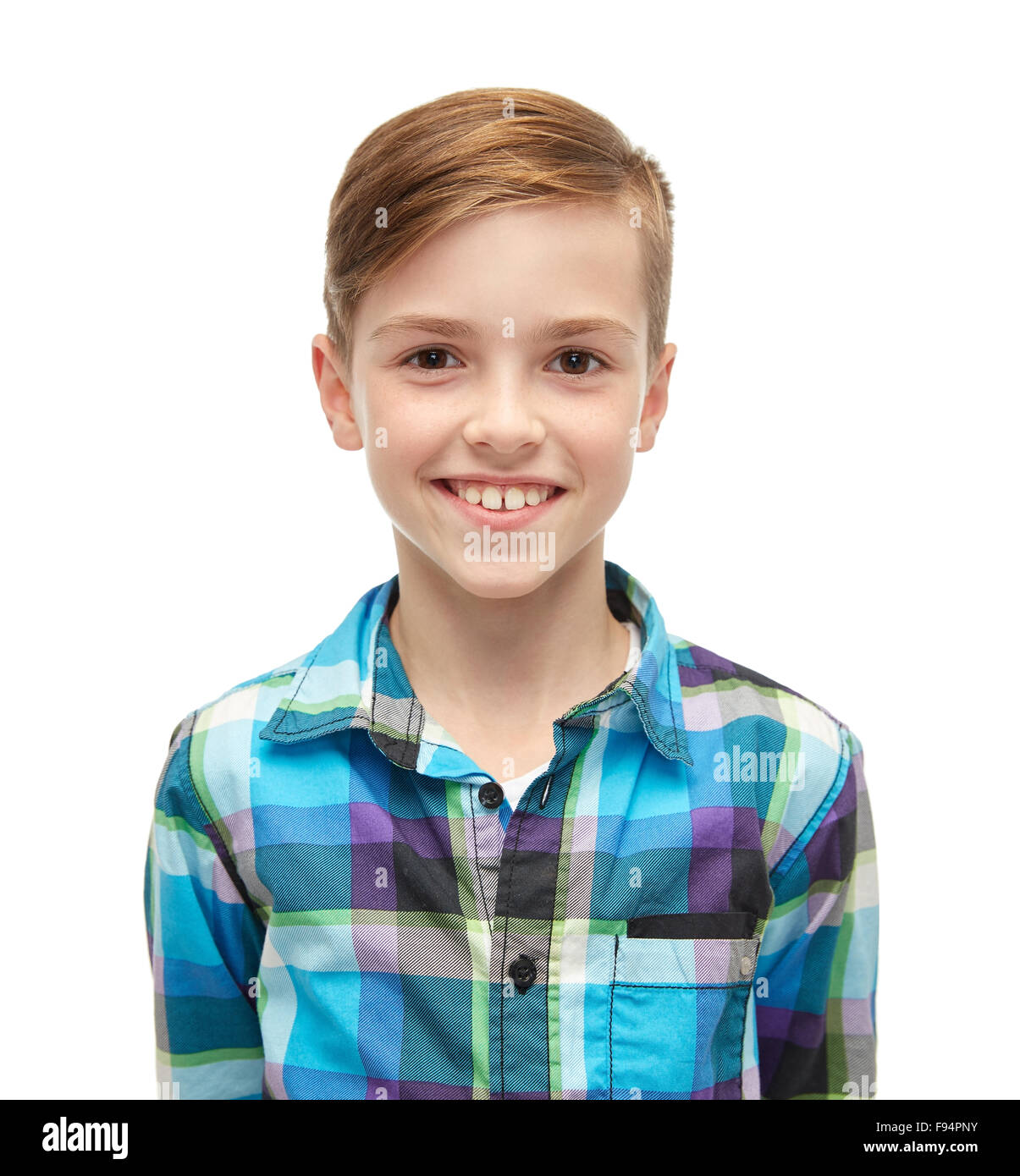 smiling boy in checkered shirt Stock Photo