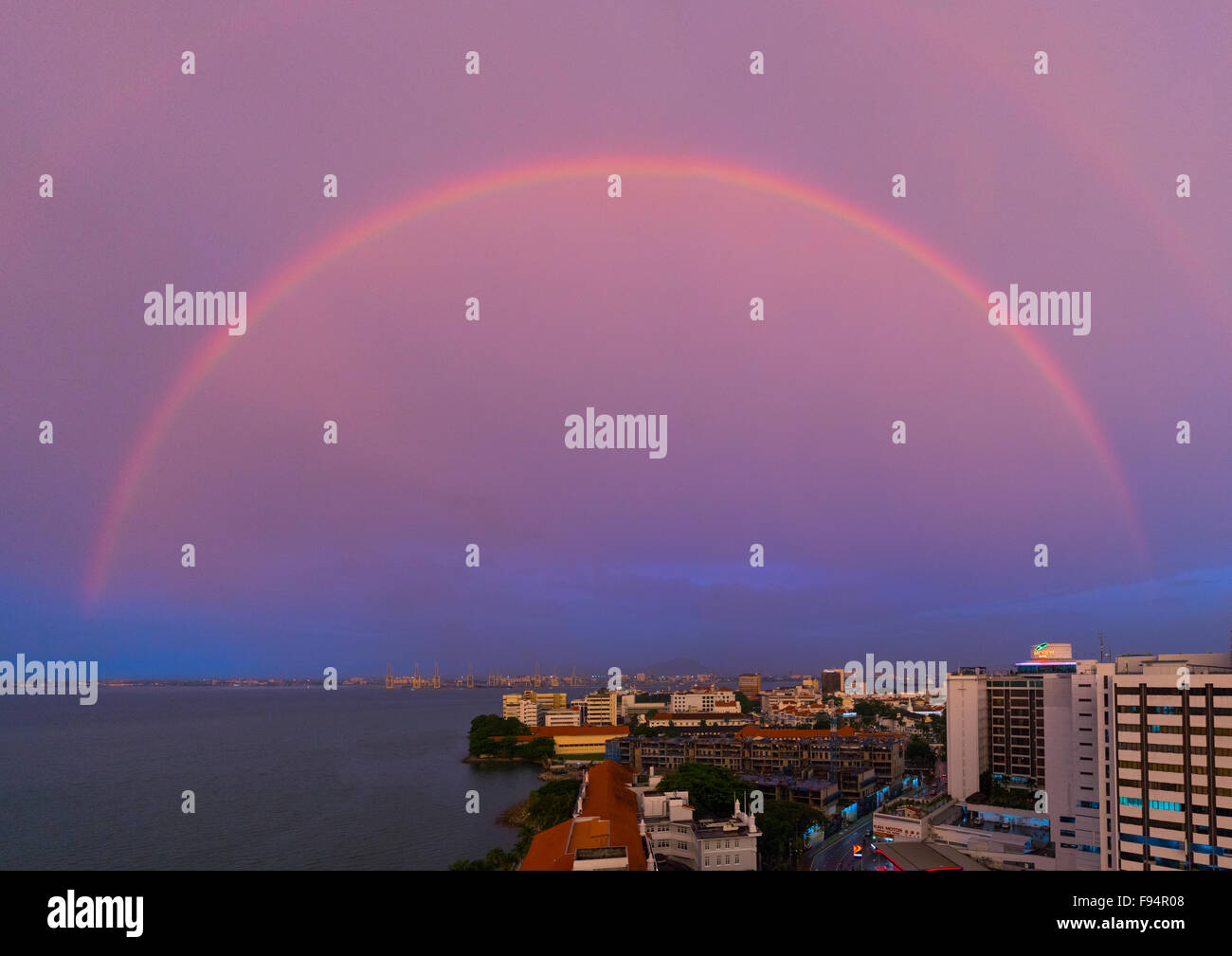 Rainbow Over The Sea, Penang Island, George Town, Malaysia Stock Photo