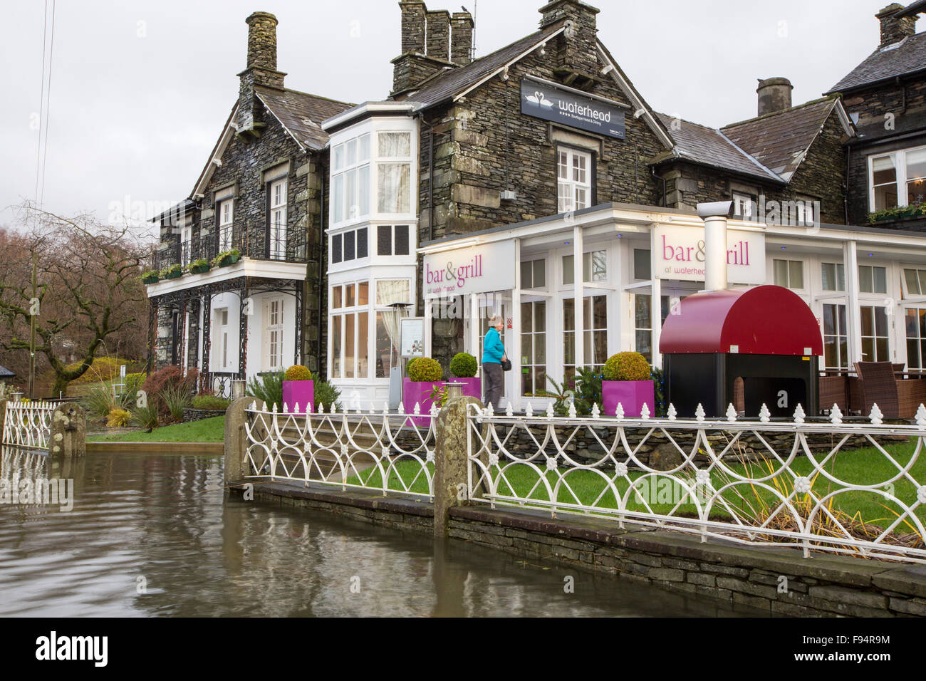 Waterhead in Ambleside submerged by flood water after Lake Windermere burst its banks in Ambleside in the Lake District on Sunday 6th December 2015, after torrential rain from storm Desmond. Stock Photo