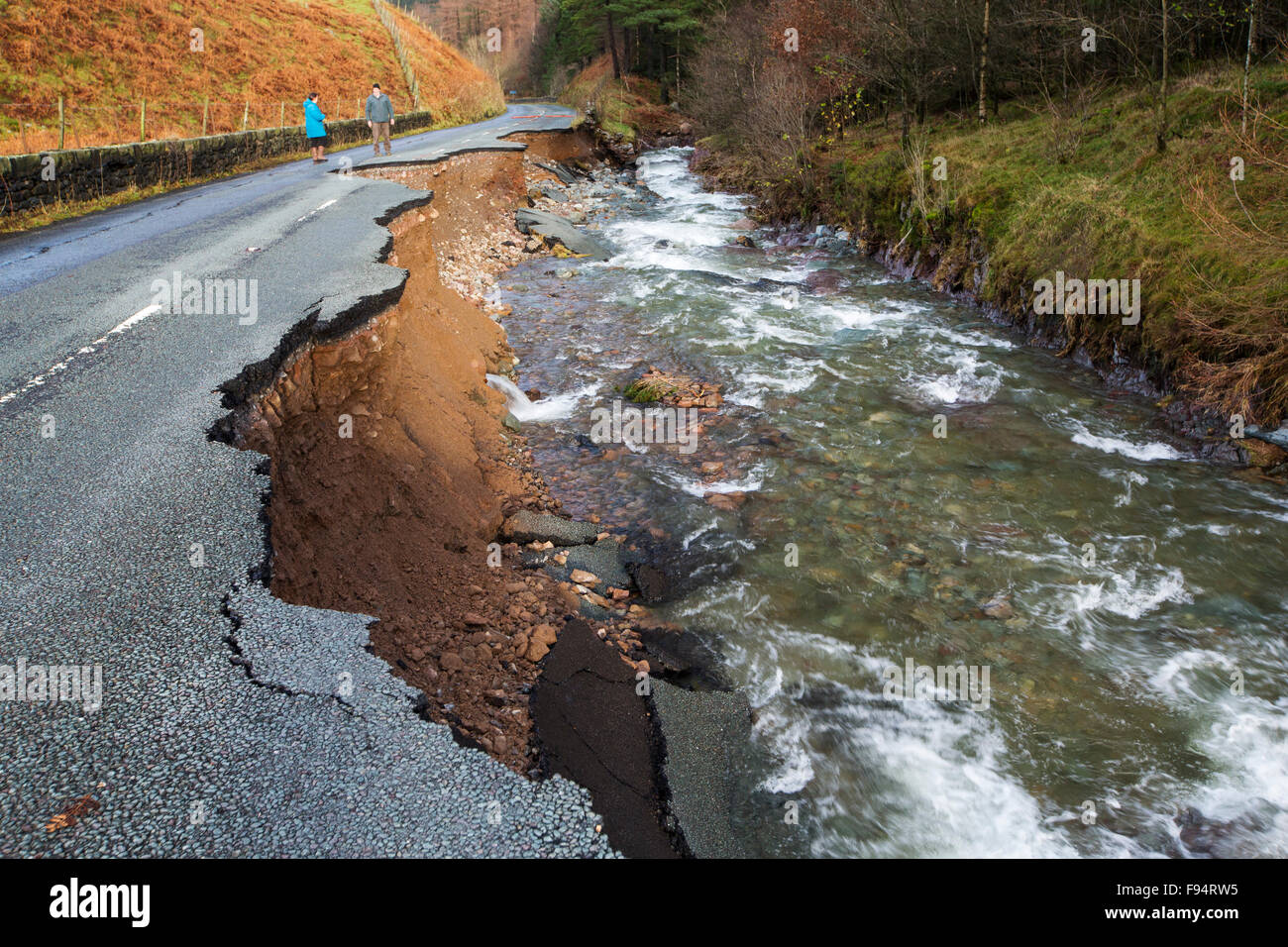 The A591, the main road through the Lake District, completely destroyed by the floods from Storm Desmond, Cumbria, UK. The road Stock Photo