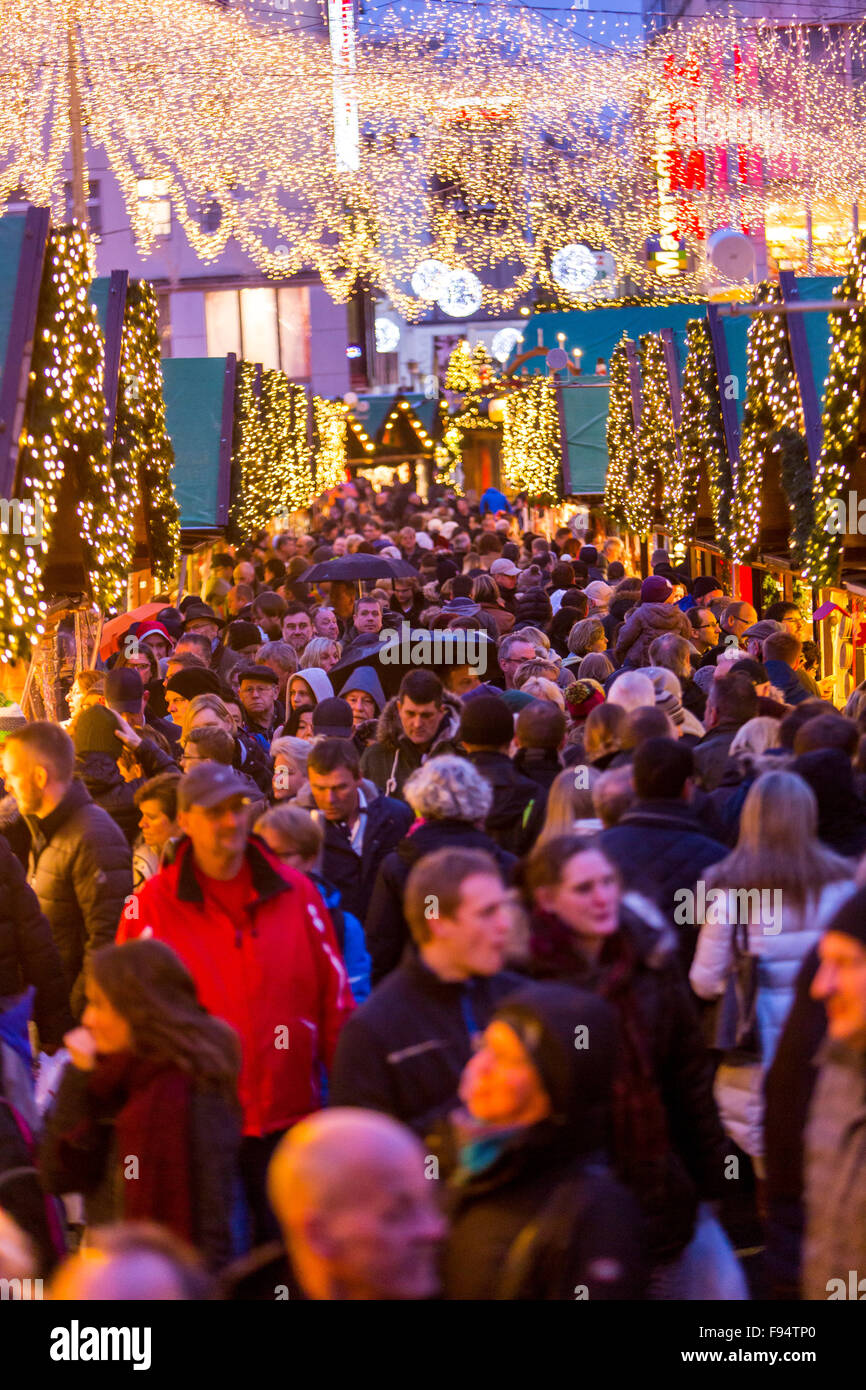 Christmas shopping in the city center of Essen, Germany, Christmas decoration in the streets, Christmas market, Stock Photo
