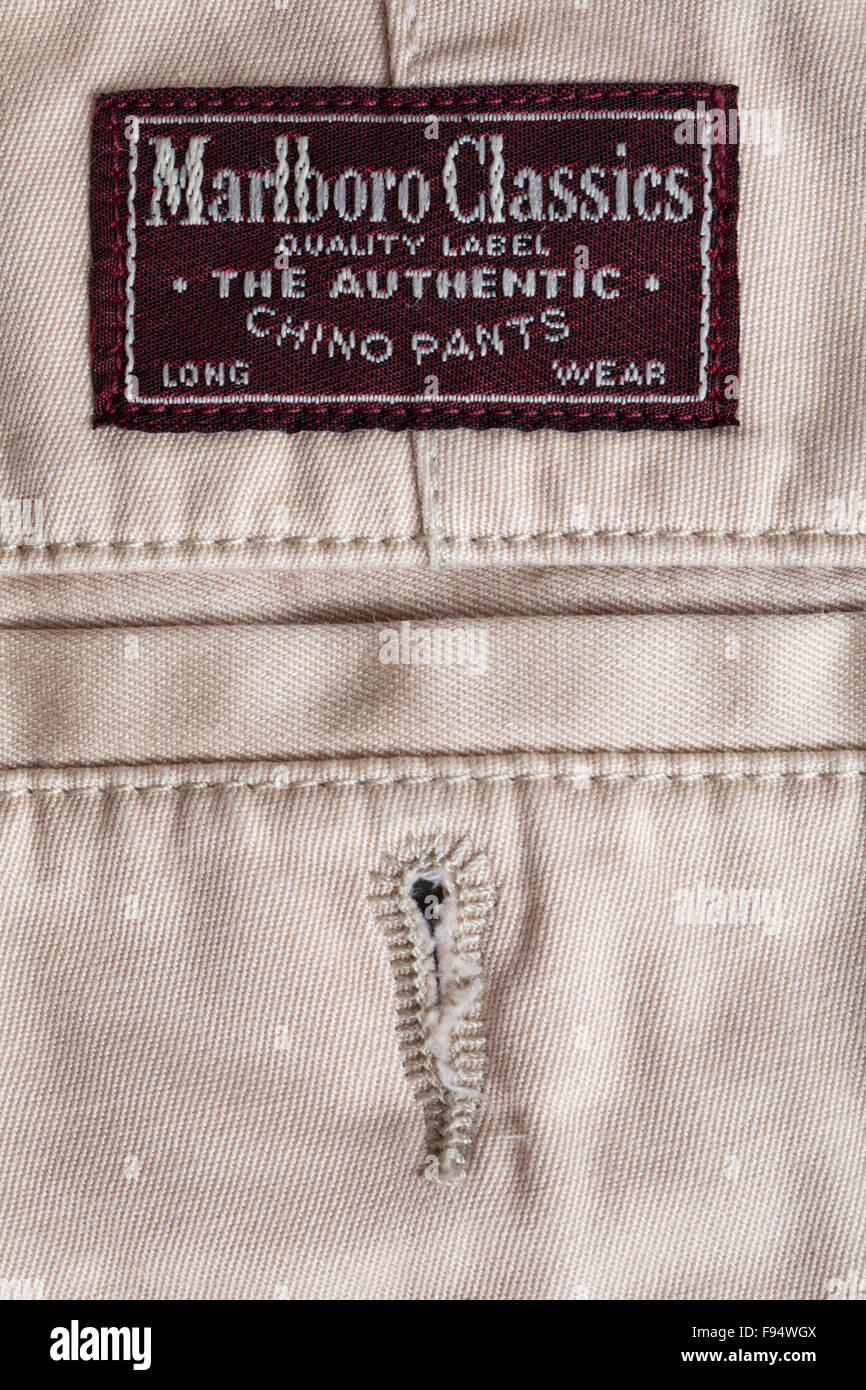 Marlboro Classics quality label The Authentic Chino Pants label on mans trousers Stock Photo