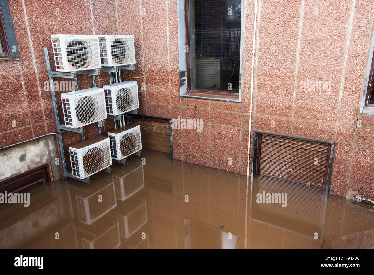 Flood water round the Civic Centre in Carlisle, Cumbria on Tuesday 8th December 2015, after torrential rain from storm Desmond. Stock Photo