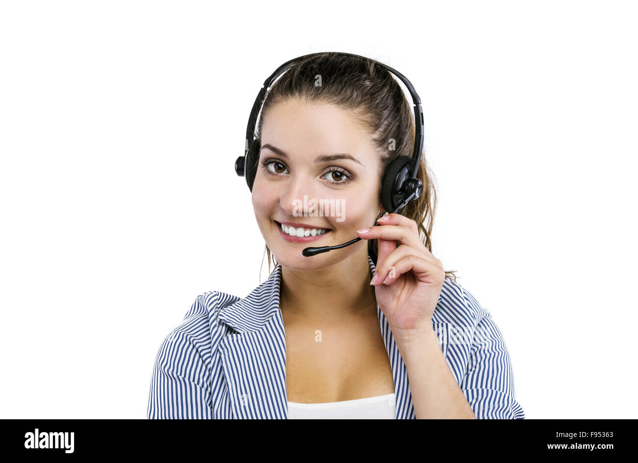 Woman customer service worker, call center smiling operator with phone headset, isolated on