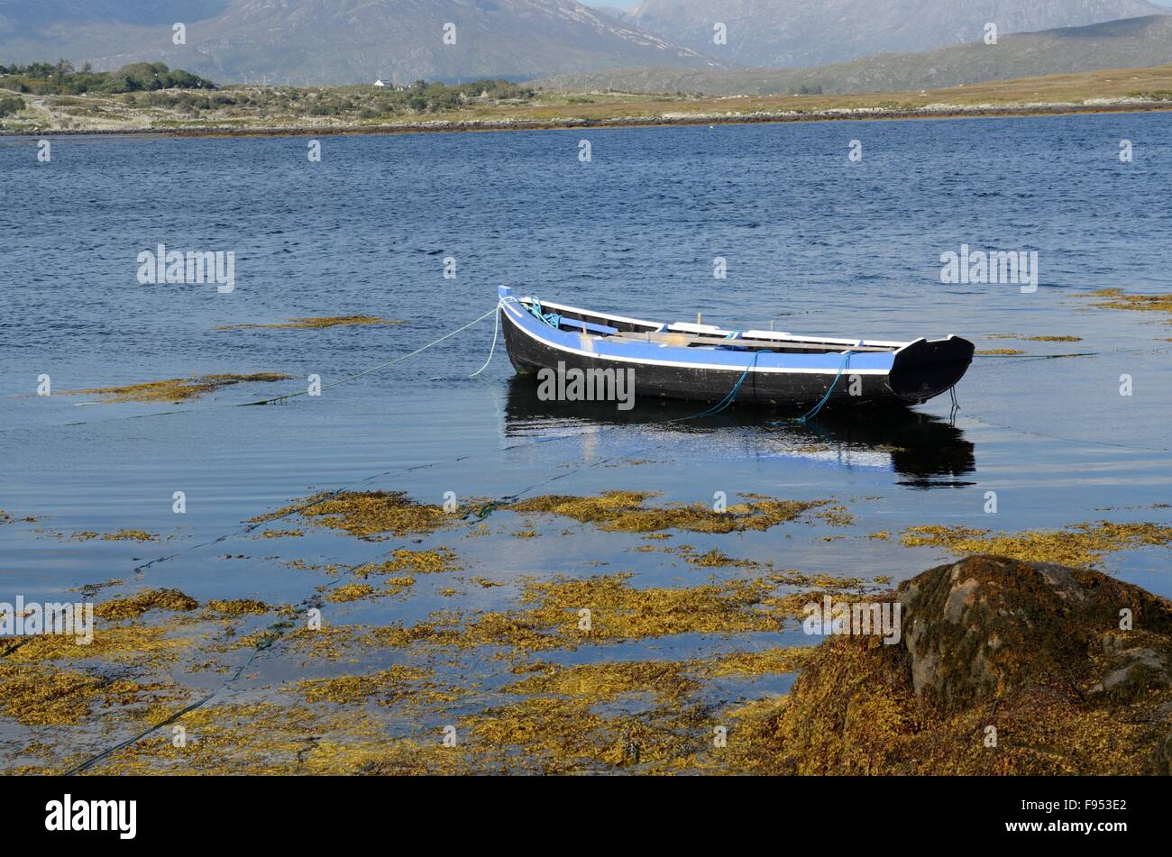 small currach boat used to drag bales of seaweed for processing Inishnee Roundstone Connemara county Glaway Ireland Stock Photo