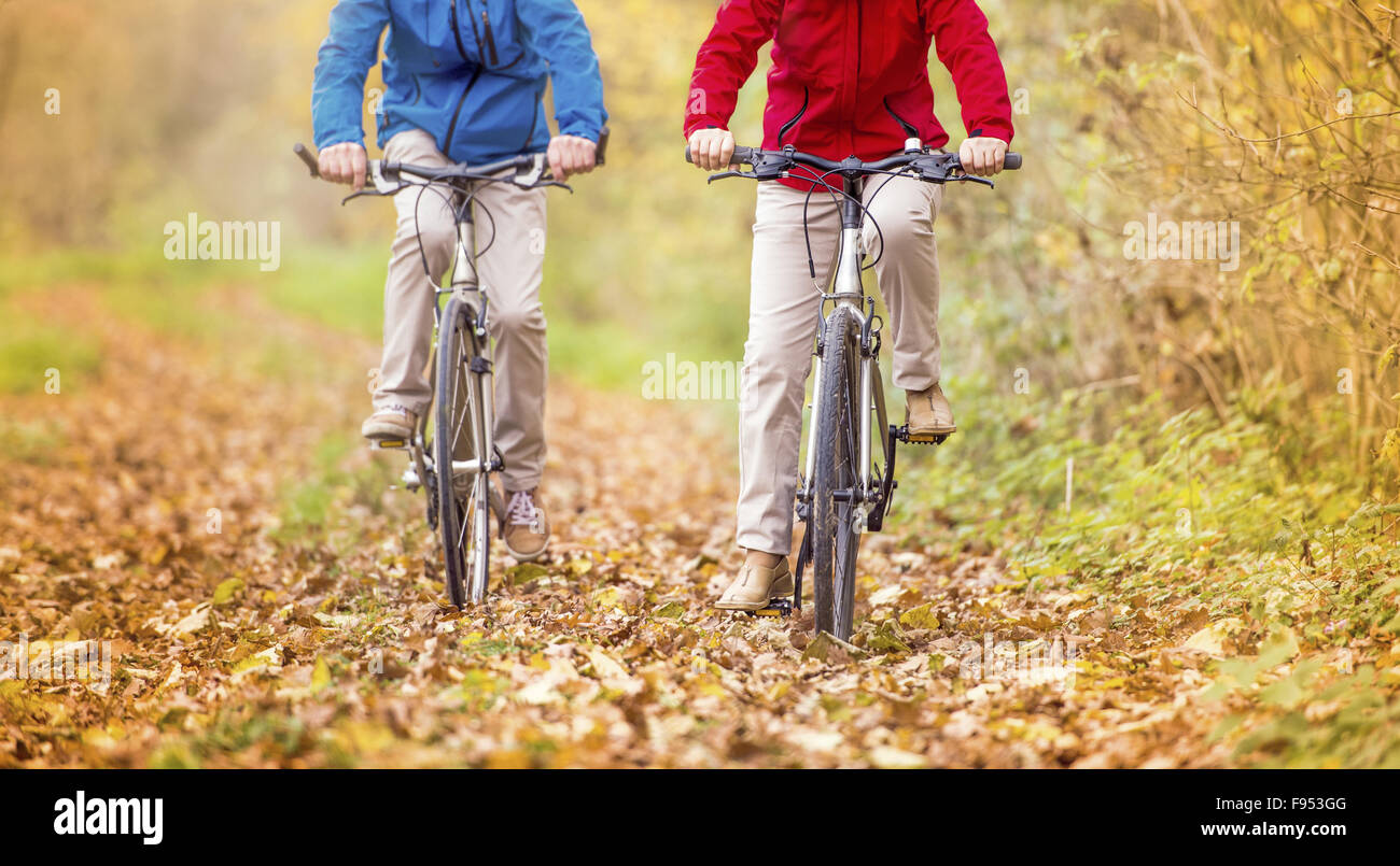 Detail of active seniors legs riding bike in autumn nature. They relax outdoor. Stock Photo