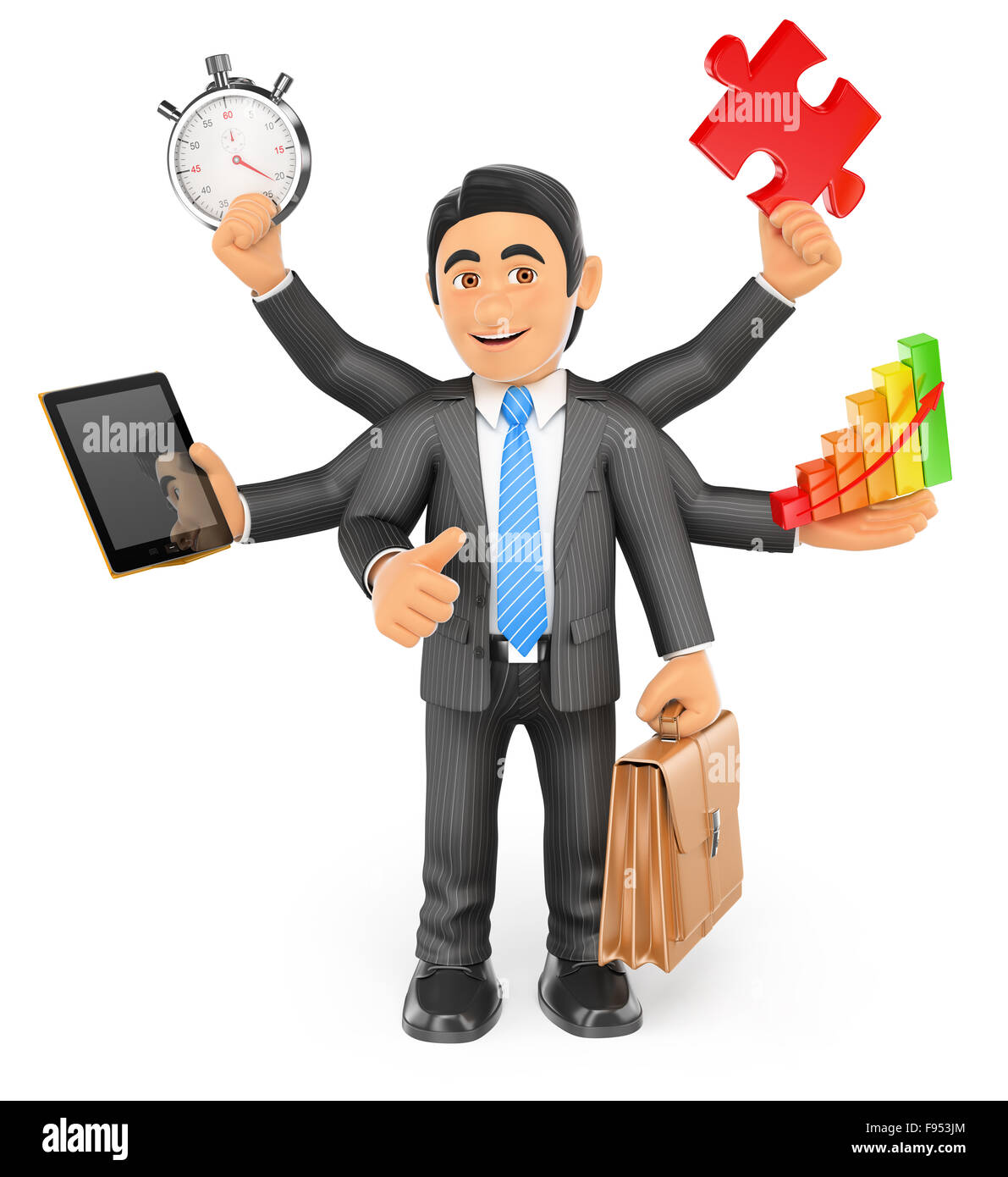 3d business people. Businessman multitasking concept with stopwatch tablet bar graph puzzle piece briefcase and thumb up. Isolat Stock Photo
