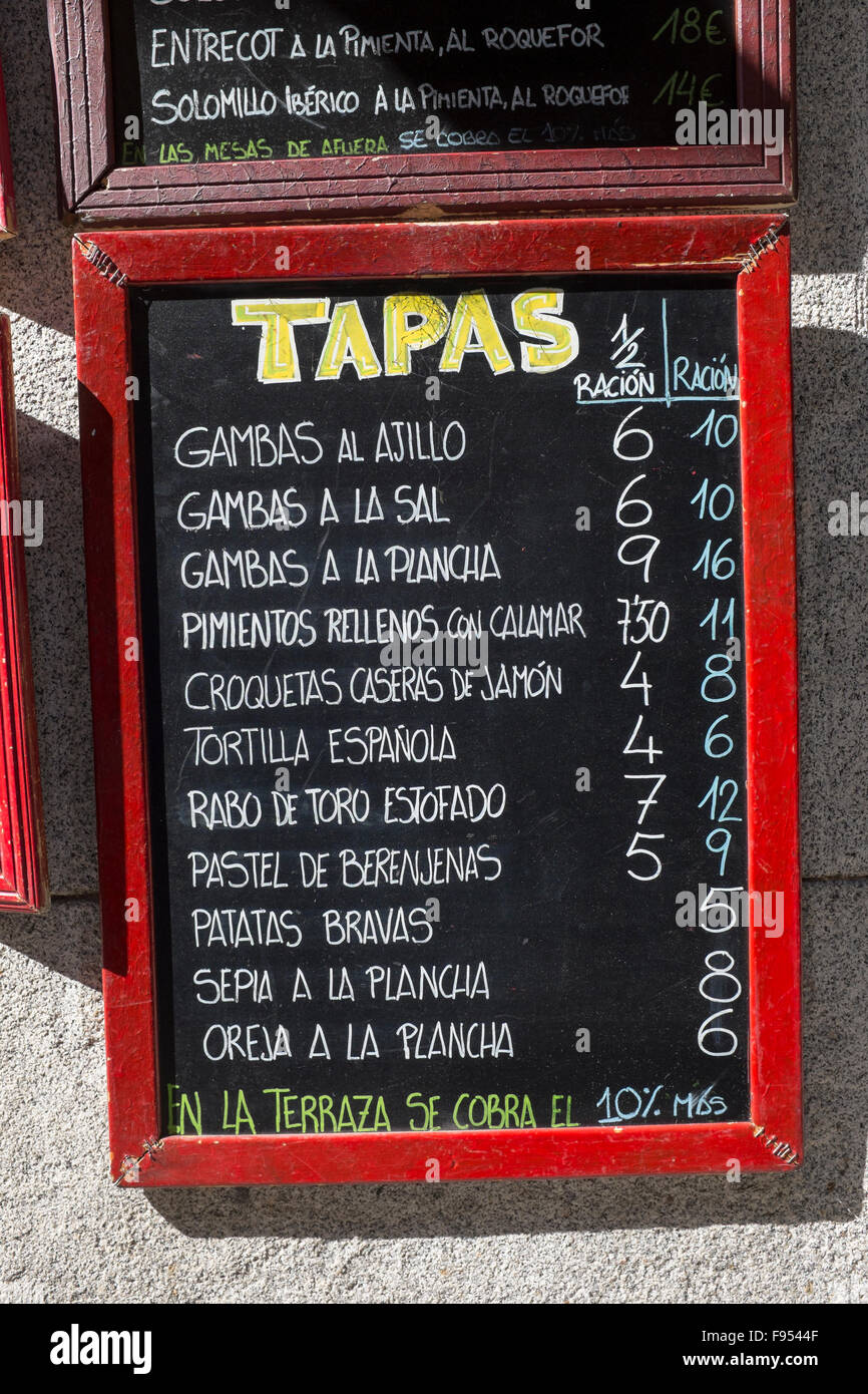 Tapas Bar Cafe Menu Madrid Stock Photo - Alamy