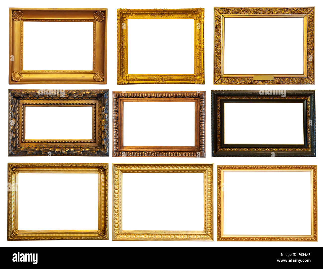 Set of few horizontally gold frames. Isolated over white background