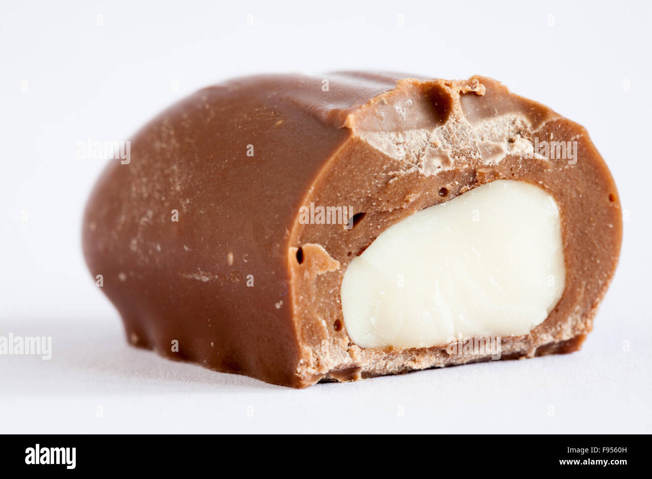 Single milk chocolate coated brazil nut bitten into isolated on white background Stock Photo