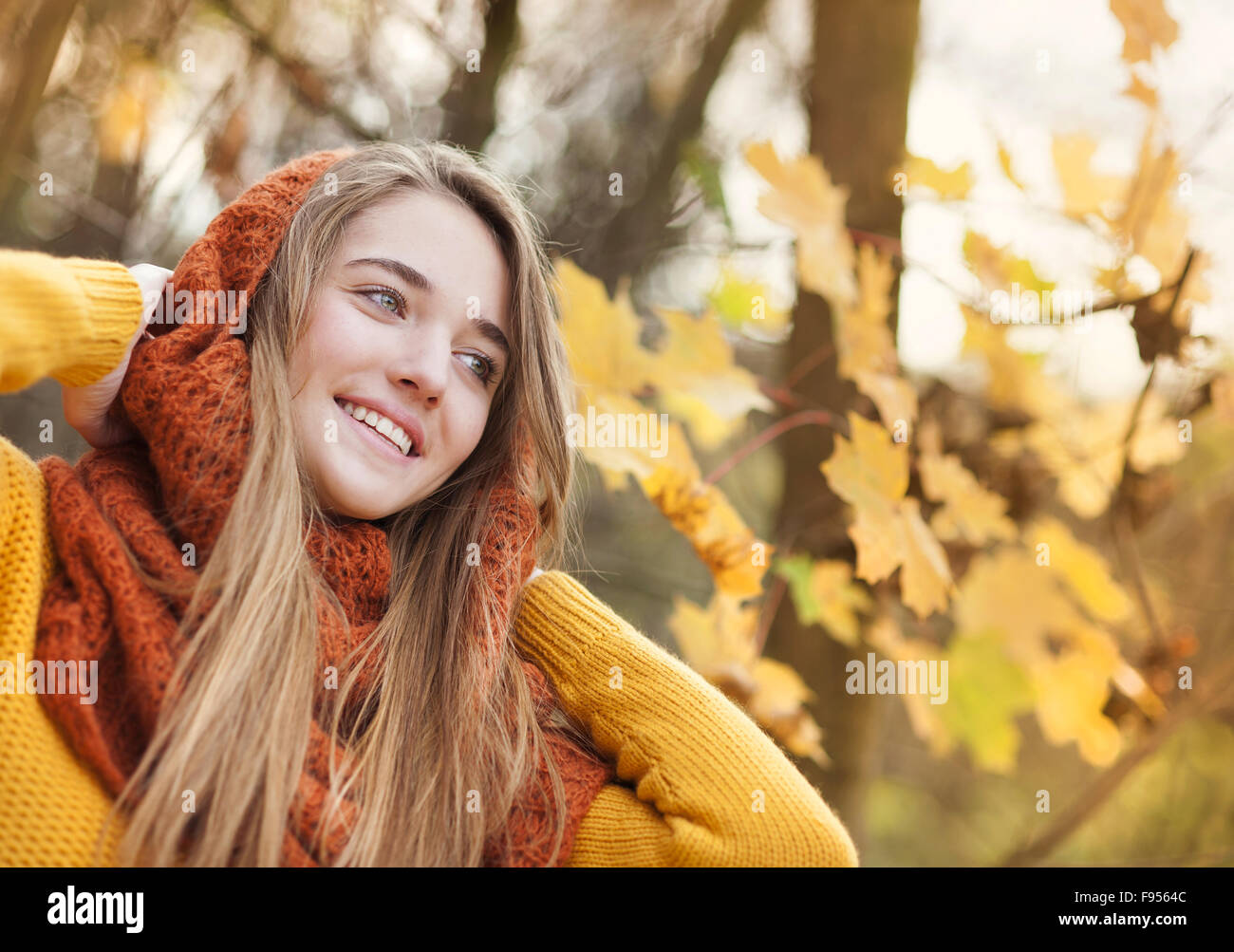 Outdoor portrait of beautiful girl in autumn forest Stock Photo - Alamy