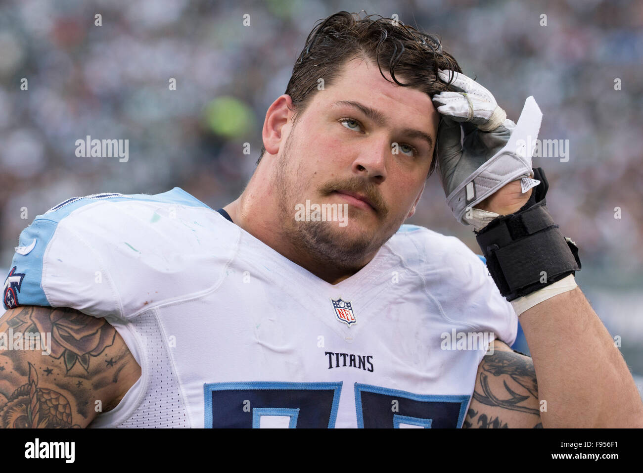 December 13, 2015, Tennessee Titans tackle Taylor Lewan (77) looks on  during the NFL game between the Tennessee Titans and the New York Jets at  MetLife Stadium in East Rutherford, New Jersey.