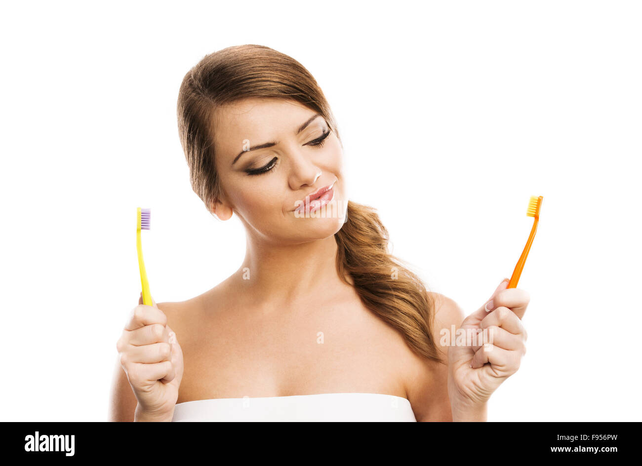 Beautiful Woman With Toothbrush Dental Care Portrait Isolated On White Background Stock Photo