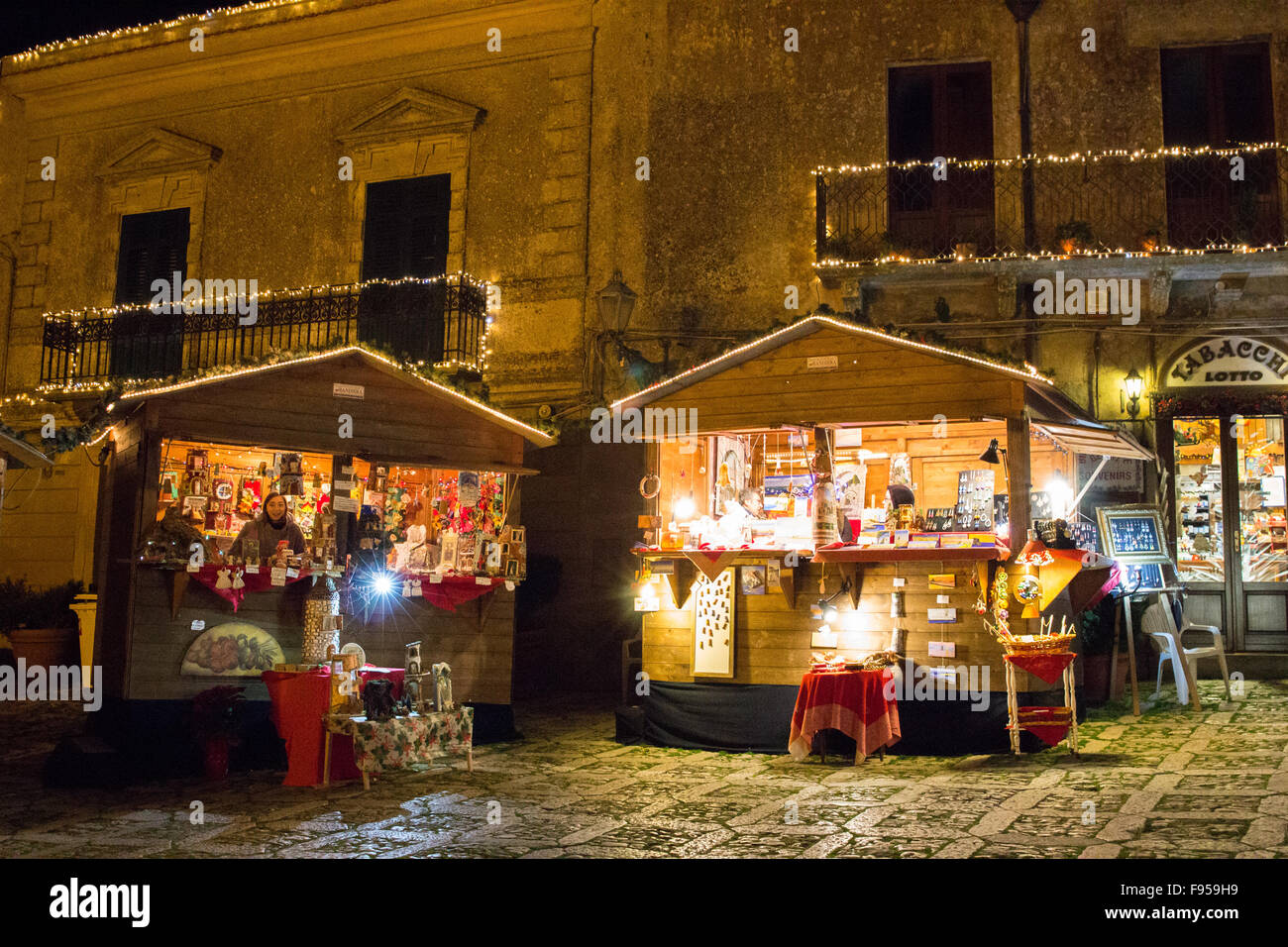 Erice Christmas market night dusk Stock Photo