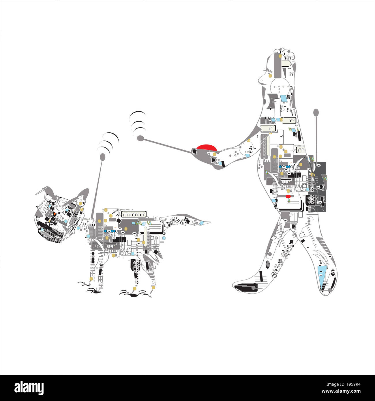 Male robot walking with a robot dog using remote control, concept of future technologies Stock