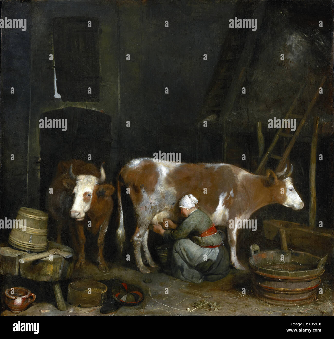 Gerard ter Borch the Younger  - A Maid Milking a Cow in a Barn Stock Photo
