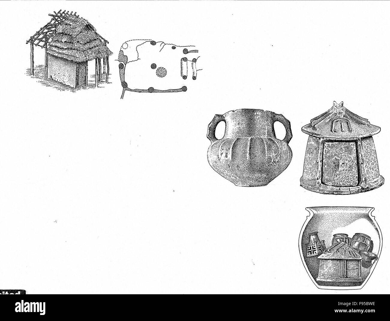 Iron age hut and hot urns. Stock Photo
