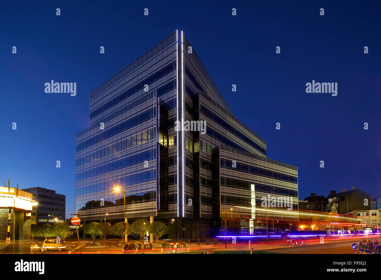 10 Hammersmith Grove W6 London. New office development by Wates Construction for Development Securities in Hammersmith, London. View of office building illuminated. Contemporary architecture. Stock Photo