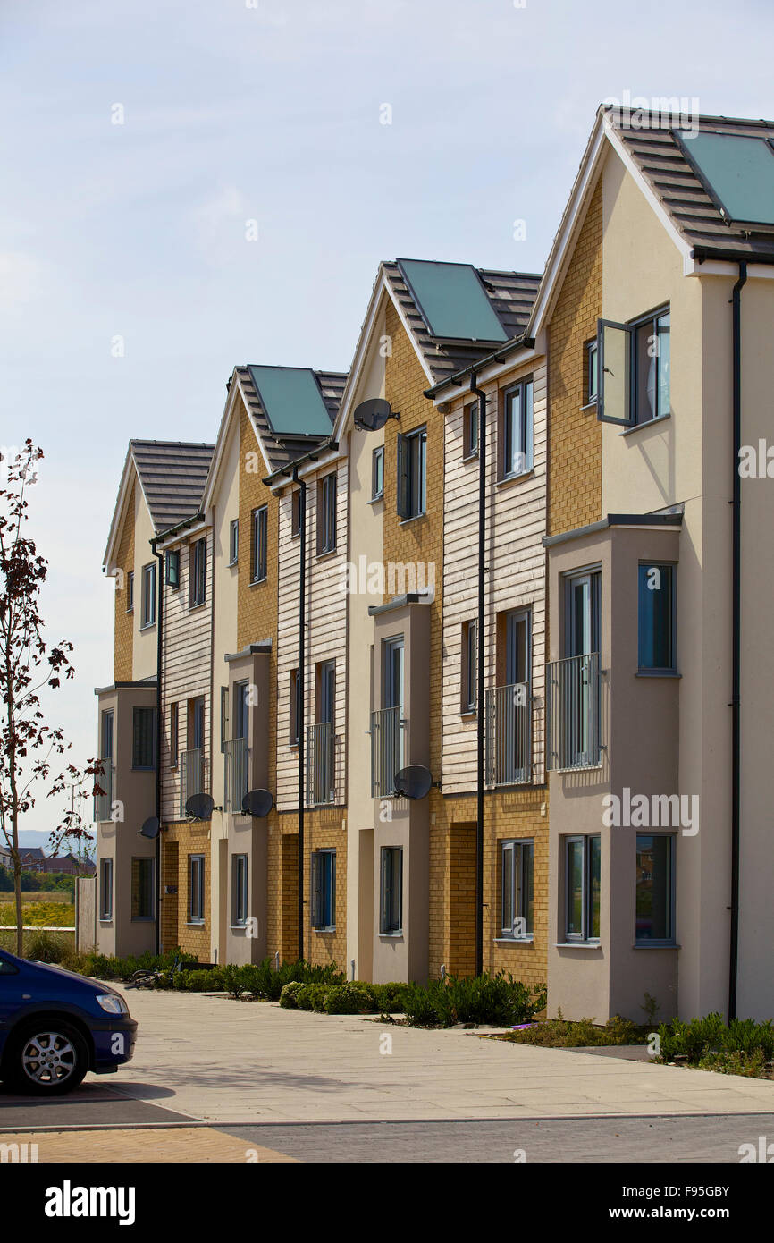 Stockmoor Village, Bridgwater by Henry Davidson Developments Ltd. Side view of the exterior of Stockmoor Village, housing development. Stock Photo