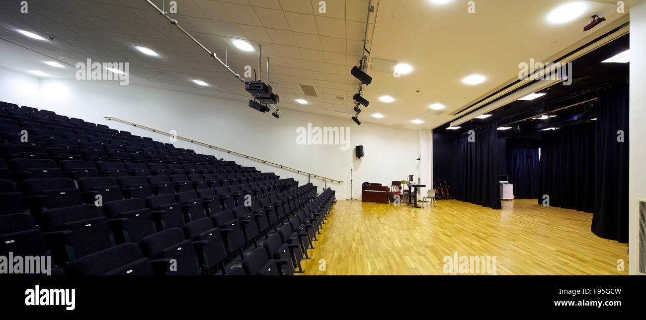 Tudor Grange Academy, Worcester. Side view of the  theatre in Tudor Grange Academy. Theatre curtains in view. Stock Photo