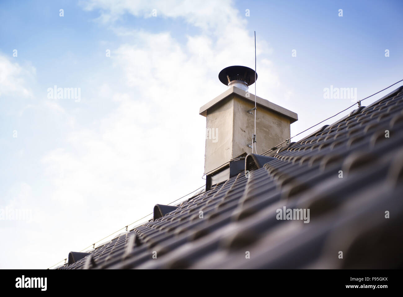 Chimney stack and concrete roofing on the new building Stock Photo