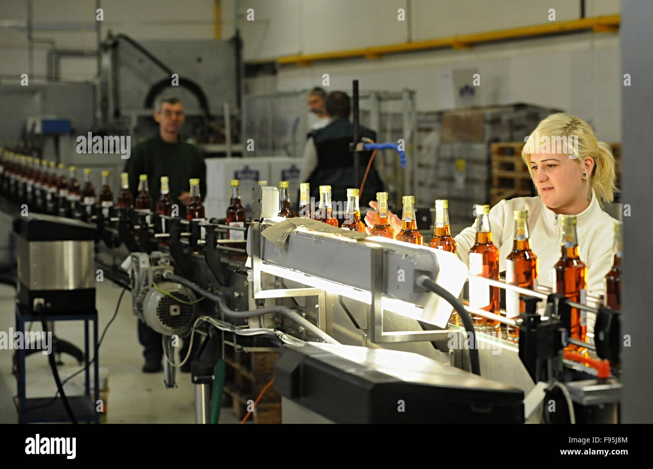 Jindrichuv Hradec, Czech Republic. 14th Dec, 2015. The production line in the Fruko Schulz company in Jindrichuv Hradec, Czech Republic, December 14, 2015. Fruko Schulz is one of the largest Czech manufacturers of spirits and liqueurs. © Vaclav Pancer/CTK Photo/Alamy Live News Stock Photo