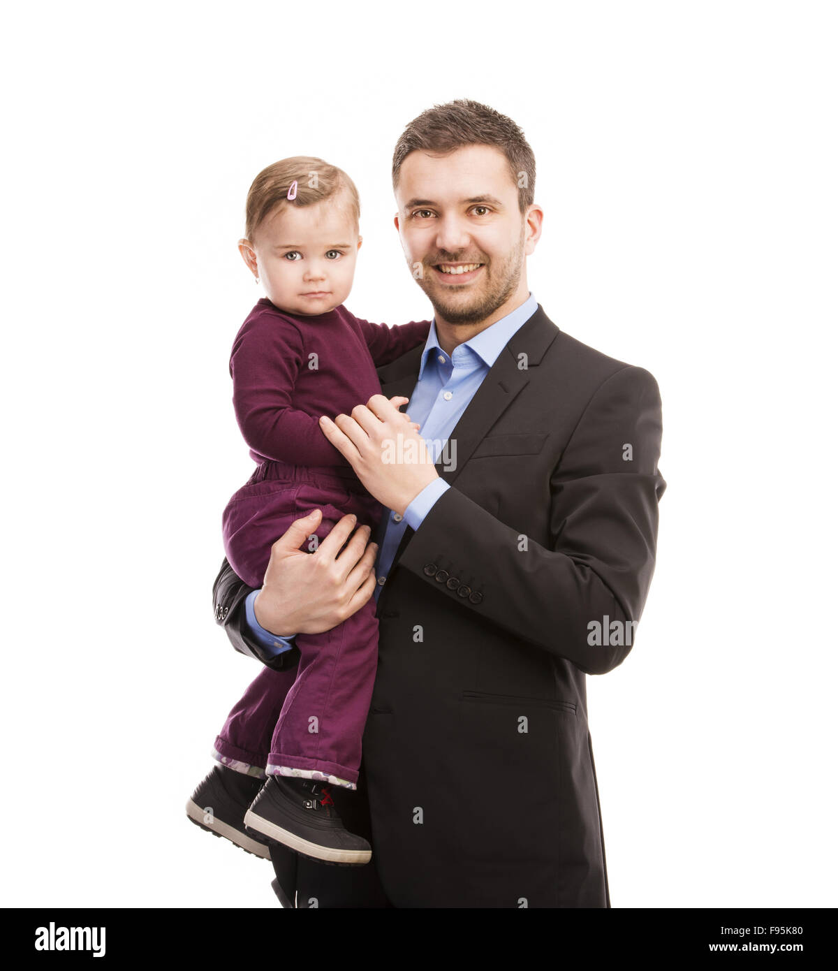 Father as manager with his baby isolated over white background. Stock Photo