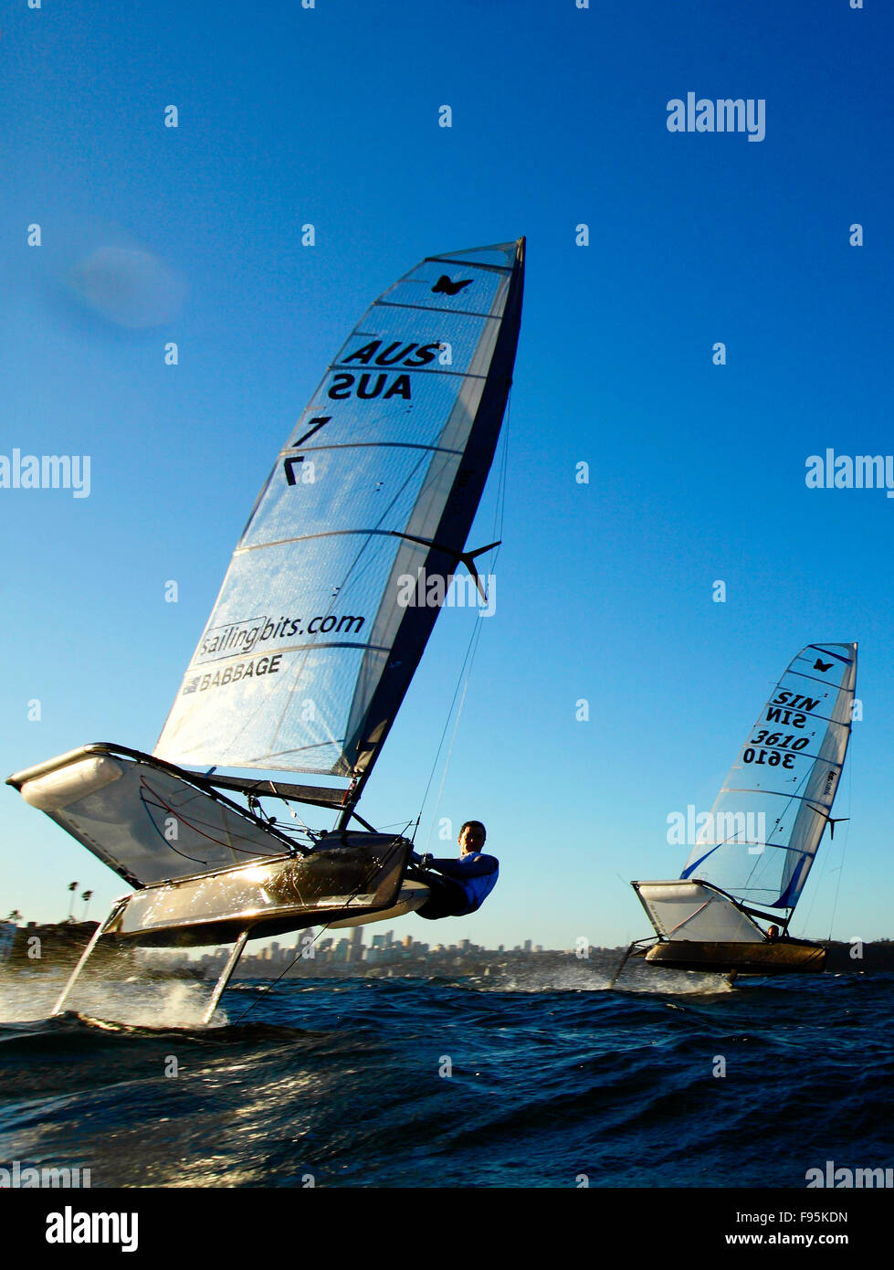 Scott Babbage in a training session on his Moth Mach 2 in Sydney Harbour, Single-handed sailing dinghy with hydro-foils. Stock Photo
