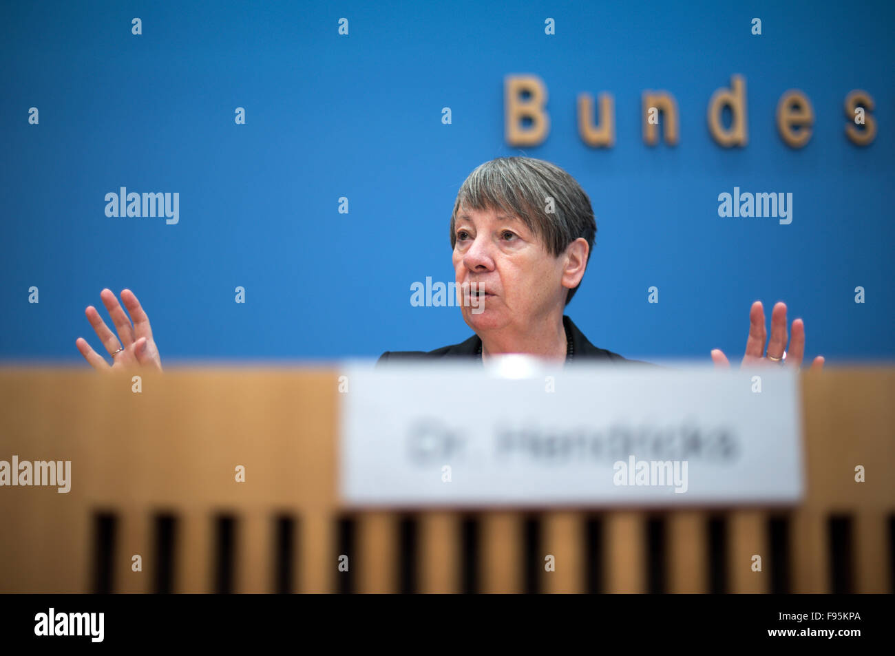 Berlin, Germany. 14th Dec, 2015. German Environmental Minister Barbara Hendricks speaks about the results of the UN Climate Change Conference in Paris at a press conference in Berlin, Germany, 14 December 2015. After two weeks of negotiations, almost every state in the world settled on a historic climate protection agreement, the main goal of which is to hold the global warming caused by greenhouse gases to well below two degrees celsius. Photo: BERND VON JUTRCZENKA/dpa/Alamy Live News Stock Photo