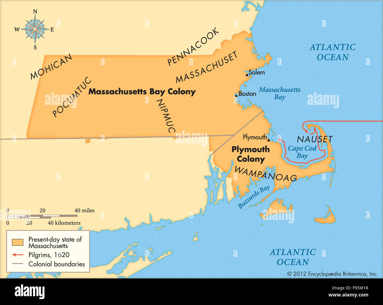 Massachusetts Bay and Plymouth colonies Stock Photo