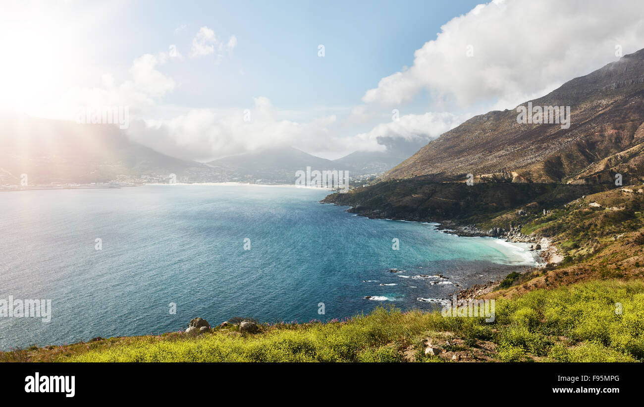 Wide angle view of beautiful landscape with bay of water and mountain ...
