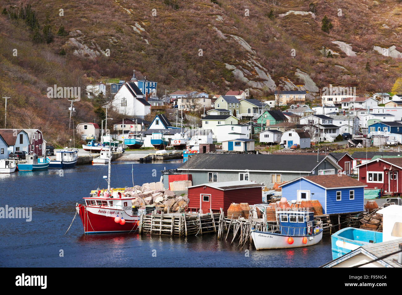 Nestled deep in the heart of Motion Bay, Petty Harbour is a small town south of St. John's that still relies heavily on fishing Stock Photo