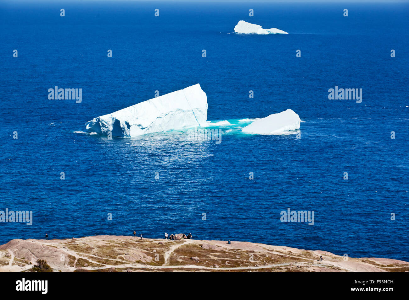 Three icebergs within sight of visitors to Signal Hill National Historic Site in St. John's, Newfoundland Stock Photo