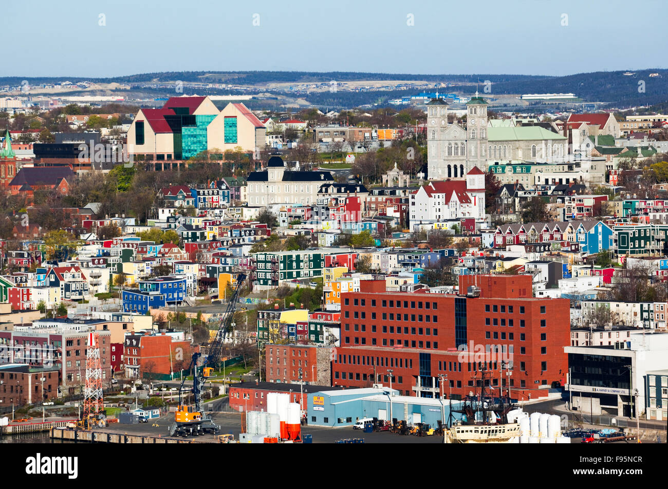 Downtown St. John's with its many coloured houses and, on the high ground, its inconic Rooms Art Gallery and  Museum, and The Stock Photo